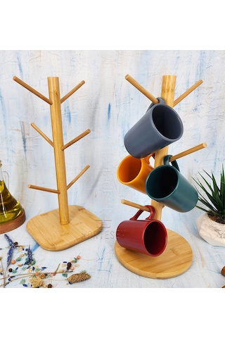 Ahşap Bambu Bardak Kupa Fincan Askılığı Askısı 6 Askılı 2 Adet