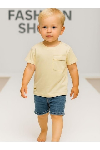 Çikoby Erkek Bebek Basic Cep Detaylı Tshirt-15856 Krem