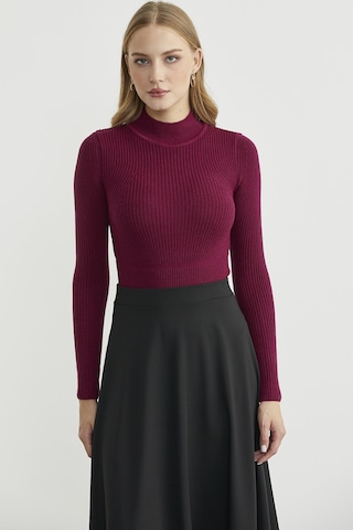 Sementa Yarım Balıkçı Fitilli Bodysuit Triko Kazak - Bordo Bordo