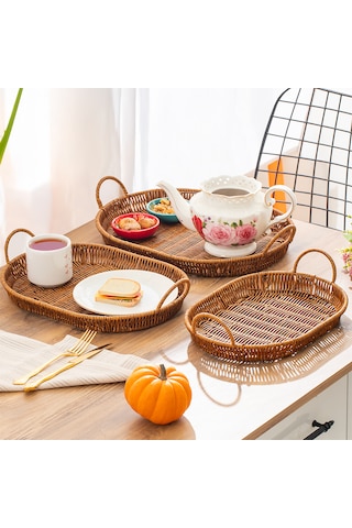 Porsima 708c Oval 3'lü Hasır Tepsi Dekoratif Sunum Servis Tepsisi