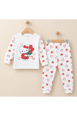 Polifoni Kız Çocuk Kedi Figürlü Pijama Takımı Beyaz