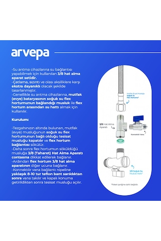 Arvepa Su Arıtma Cihazı 3/8 (Taharet) Hat Alma ve Konnektör Vana Seti - Ekstra Dayanıklı (Metal)