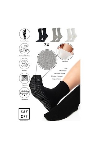 Bambu Kaydırmaz Taban Silikon Baskı Hac Umre Tavaf Hamile Diyabet Pilates Yoga Lastiksiz Çorap 3'lü Renkli