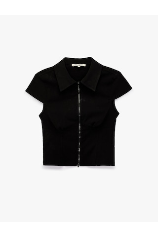 Koton Kısa Kollu Klasik Yaka Fermuarlı Slim Fit Crop Korse Bluz Siyah 7wal60048ıw