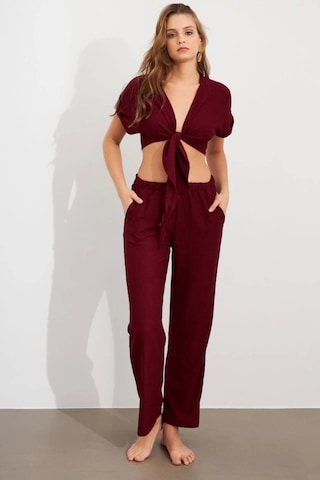 Defymoda Kadın Bürümcük Kumaş Pantolonlu Takım Bordo