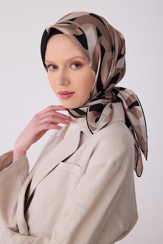 Belli Geometrik Desen İpek Twill Eşarp - 2026 İlkbahar-yaz T 4327 Vizon
