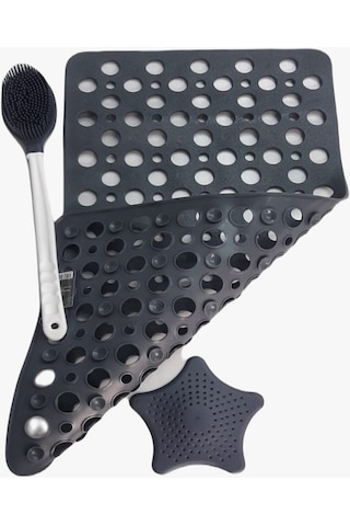 3 Parça Set Banyo ve Duş Kaydırmaz Çift Taraflı Banyo Duş Vucüt Fırçası Yıldız Küvet Süzgeci Antrasit