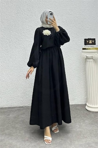 Dip Moda Kadın Çiçek Detaylı Etekli Tesettür Takım Dpnms004 Siyah