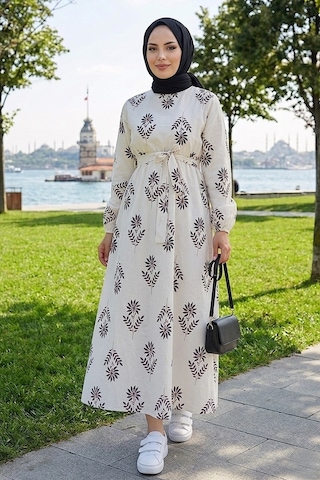 Bestenur Mayra Desenli Keten Elbise 1717 - Siyah