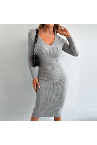 Nnstartshopping Kadın Uzun Kollu V Yaka Triko Elbise Gri
