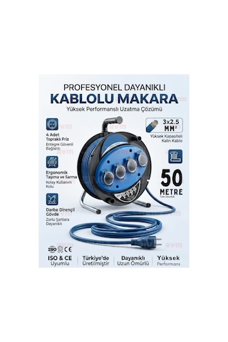 Seyyar Kablo Makarası 3x2.5 Mm 50 Metre 4'lü Topraklı Priz Uzatma Kablosu 50 M