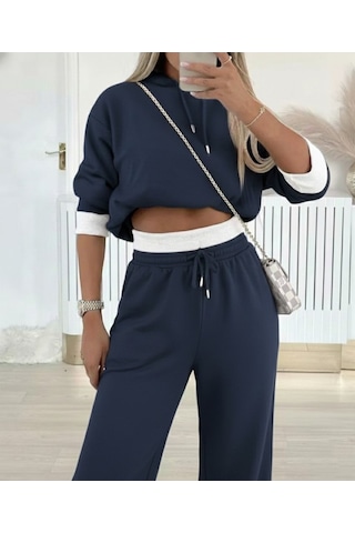 S-pazarım Kadın Uzun Kollu Kapşonlu Viskon Iki Iplik Füme Bluz Ve Pantolon Ikili Takım Gri