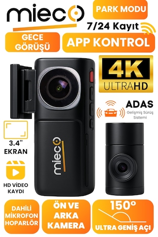 Mieco A7 4K UHD /  Wifi / ADAS / 150° Ultra Geniş Açı / Gece Görüşü /  Ön + Arka Araç Kamerası (2025) + Hafıza Kartı