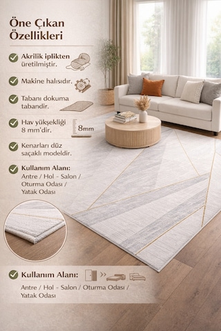 Modern Geometrik Halı Krem Gri Gold Çizgili Akrilik 8 Mm Hav Yüksekliği Salon Yatak Odası Antre Halı