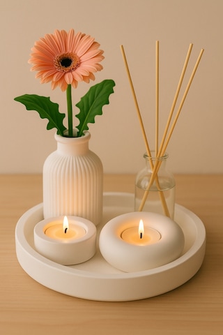 Dekoratif 5li Set Mum Çizgili Vazo Tealight Mumluk Ve Oda Kokusu Seti