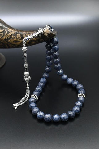 925 Ayar Gümüş Tesbih 33'lük Doğal Safir Taşlı 8 Mm Küre Kesim 901357 Gümüş