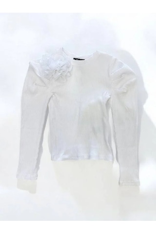 Kız Çocuk Kol Detaylı Çiçekli Fitilli Bluz-14802 Beyaz