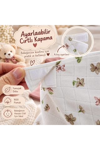 Sallhome Baby Textile %100 Pamuk Müslin Çiçek Desenli Emzirme Önlüğü 80x100 CM Ayarlanabilir Cırtlı Kapama