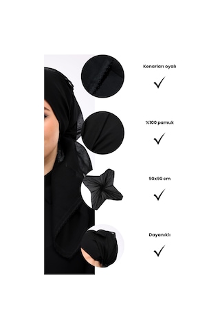 İç Başörtüsü %100 Pamuklu Siyah Tülbent - Kenarları Oyalı 90x90 Cm Kadın Tesettür Yazma Başörtü Siyah