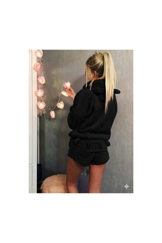 Butik İstanbul Kadın Uzun Kollu Kapşonlu Peluş Bluz Ve Kısa Short Ikili Takım Siyah