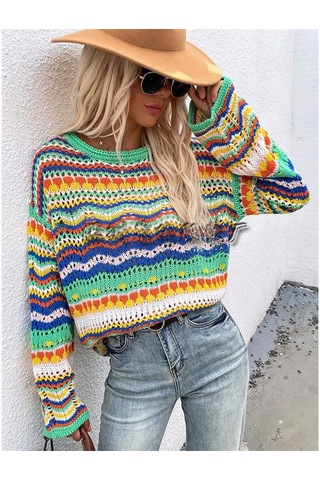 Kadın Gökkuşağı Bisiklet Yaka Çizgili Örgü Kazak Kazak Uzun Kollu Günlük Gevşek Büyük Boy Üstler Yeşil