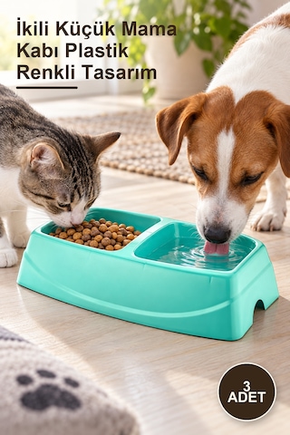 3 Adet İkili Küçük Mama Kabı Plastik Renkli Tasarım