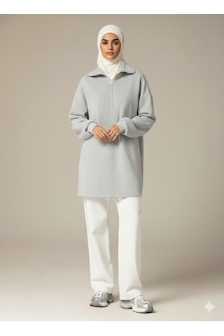 Afri 3 İplik Şardonlu Gri Oversize Fermuarlı Tunik Sweatshirt - Günlük Spor Elbise Gri