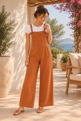 Palena Plnl6141 Doğal Müslin Kumaş Yumuşacık Salopet - Camel