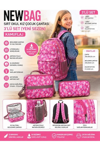 Newbag Kamuflaj Kız Sırt Okul Çantası-3'lü Set Yeni Sezon