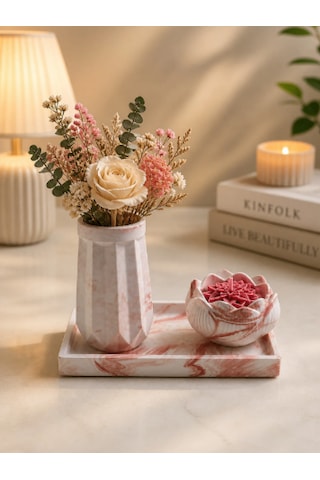 Şık Mermer Desenli Dekoratif Set Modern & Lüks Ev Aksesuarı Açık Pembe