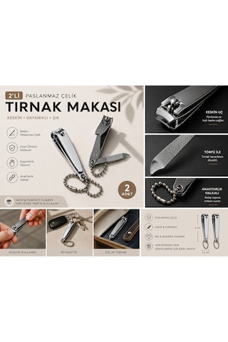 2'li Paslanmaz Çelik Tırnak Makası Anahtarlık Halkalı, Törpülü, Kompakt Tırnak Kesici