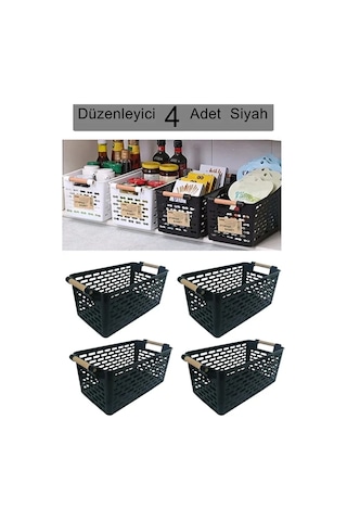 4 Adet - Çok Amaçlı Plastik Tutacaklı Organizer Sepet Dolap Içi Çekmece Düzenleyici Siyah