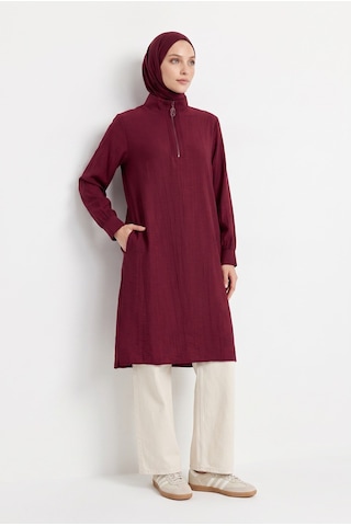 Armine Trend Yarım Fermuarlı Kolları Lastikli Çilek Kumaş Tunik Bordo 26yt462