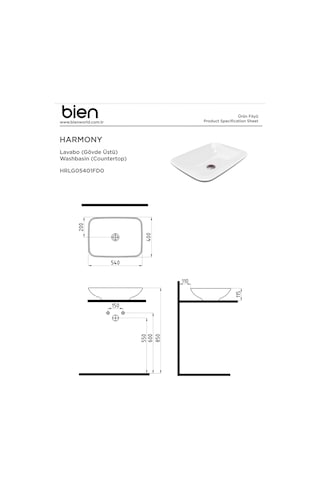 Bien HRLG05401FD0W5000 Harmony Gövde Üstü Lavabo 54 CM