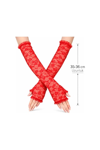 Veraura Lifestyle Uzun Zarif Dantel Eldiven Parmaksız Kırmızı 35 Cm Standart