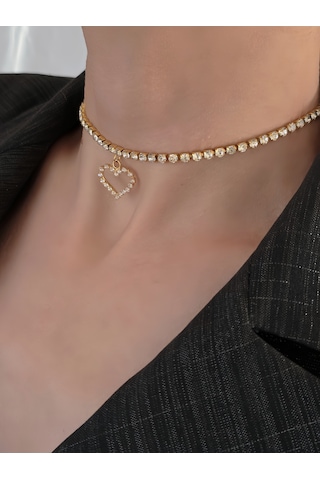 Tek Sıralı Kalp Figürlü Kristal Taşlı Choker Tasma Silver Gold Kolye Altın