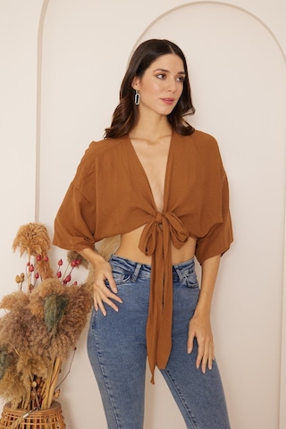 Darlin Moda Kahverengi Önden Bağlamalı Crop Kimono Dm7004 Kahverengi