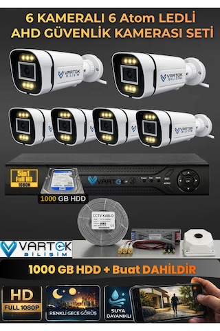 6 Kameralı 6 Atom Led Gece Renkli Görüşlü Güvenlik Kamerası Seti + 1 Tb Hdd