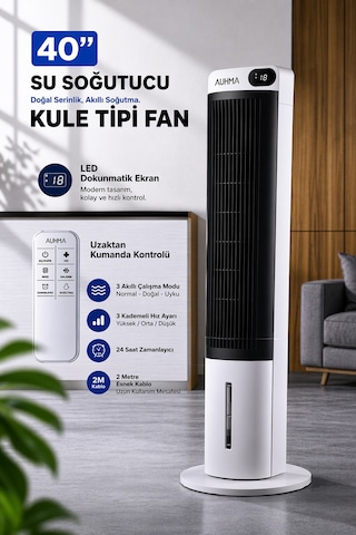 Exenar - Beyaz - Kule Tipi Soğutucu Fan Uzaktan Kumandalı Su Buharlı Soğutucu Vantilatör 70w-3l Su Tankı-led Ekranlı