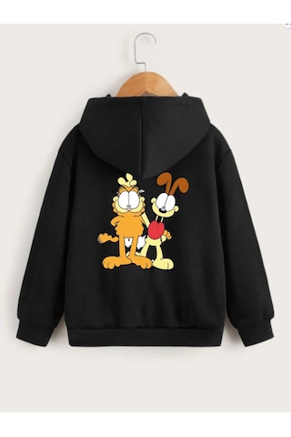 Moda Assema Çocuk Unisex Kapüşonlu Ön Ve Arka Garfield Baskılı Sweatshirt - Siyah Çok Renkli