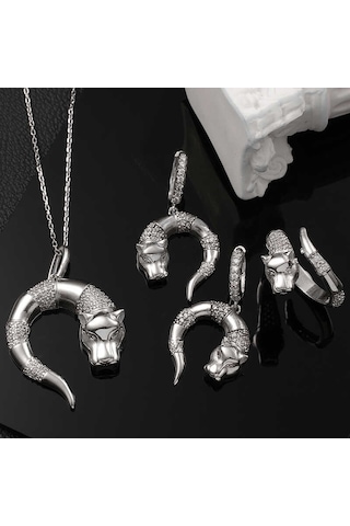 925 Ayar Gümüş Kaplan Figürlü Kadın Set Gümüş