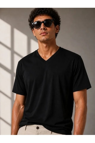 Modi Erkek V Yaka Basic Tişört Kısa Kol Yazlık Regular Fit T-shirt - Siyah Açık Lacivert - Gri - Siyah