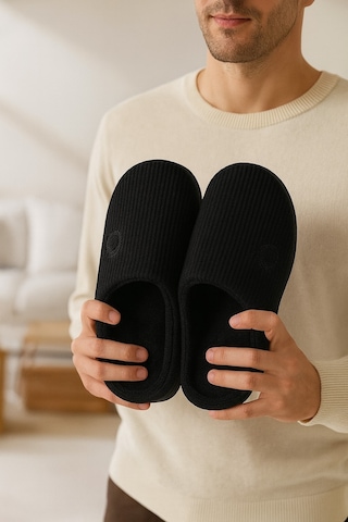 Modafrato Velvet Erkek Ev Terliği Ses Yapmayan Taban Yünlü Terlik Siyah