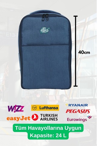 Jet Turtle Seyahat Sırt Çantası 40cm 40x25x15 Cm Pegasus, Wizz Air, Ryanair, El Valizi Koltuk Altı Valizi Mavi Kanvas