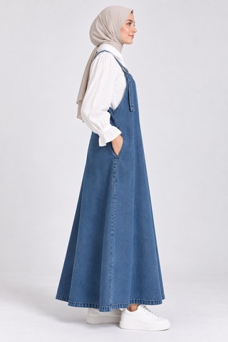 Bul-al Kadın Denim Jile Elbise Tokalı Askılı Uzun Jean Elbise Mavi