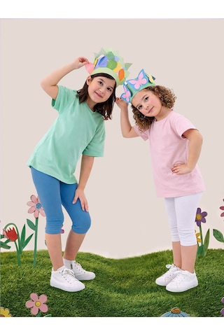 Denokids Kız Çocuk Tayt 2'li Paket Pamuk Krem ve Mavi Tayt Yazlık