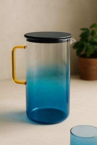 Qerhome Borosilikat Cam Sürahi Takımı 4 Bardaklı Bluora Bardaklı Sürahi 2100 Ml & 300 Ml