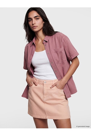 Lcw Vision Pembe Cepli Oversize Kadın Jean Gömlek