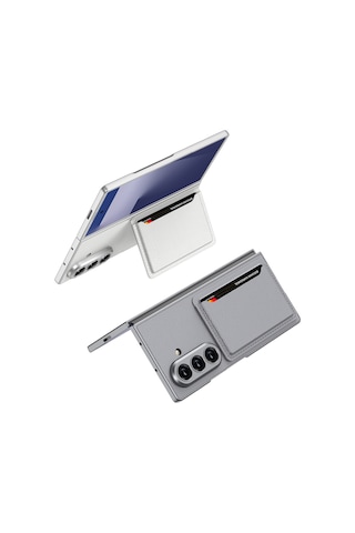 Kilifone - Galaxy Z Fold 7 Uyumlu - Kılıf Suni Deri Arka Yüzey Kartlıklı Kıpta Silikon Kapak - Gri - T38540 Gri