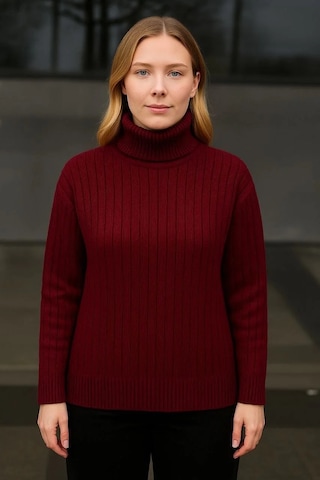 Kadın Balıkcı Yaka Bağazlı Triko Kazak Pamuklu Kalın Fitilli Dokuma - Bordo Bordo